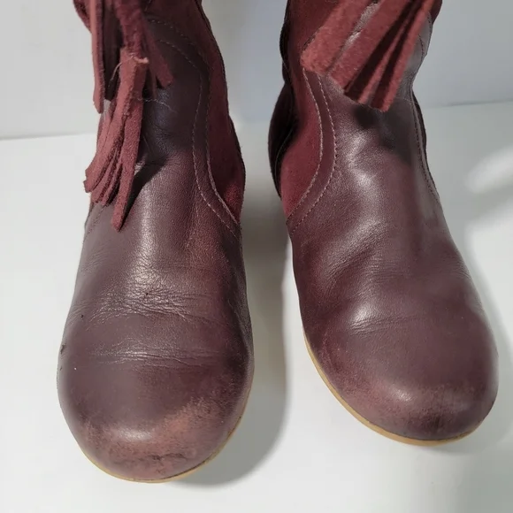 Clark Brown Leather With Faux Fur Trim Side Zip Lace Up Tassel Boots Girl 10.5 - Picture 4 of 12